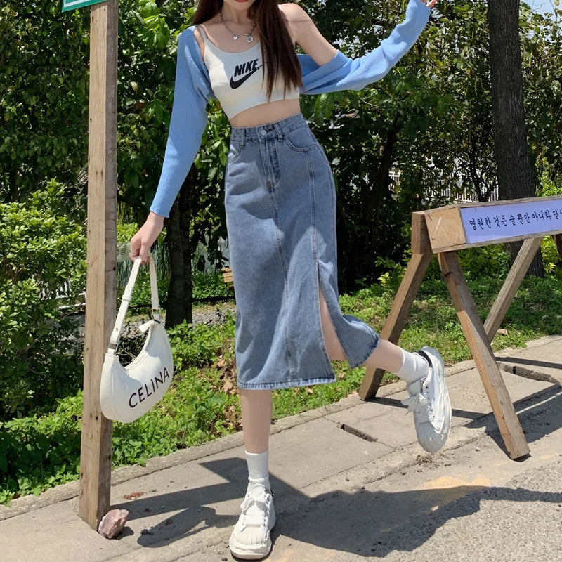 Denim Skirts Spliced Washed Ankle Length Skirt Women High Waist Solid Zipper Fly Loose Distressed Straight Pockets Basics