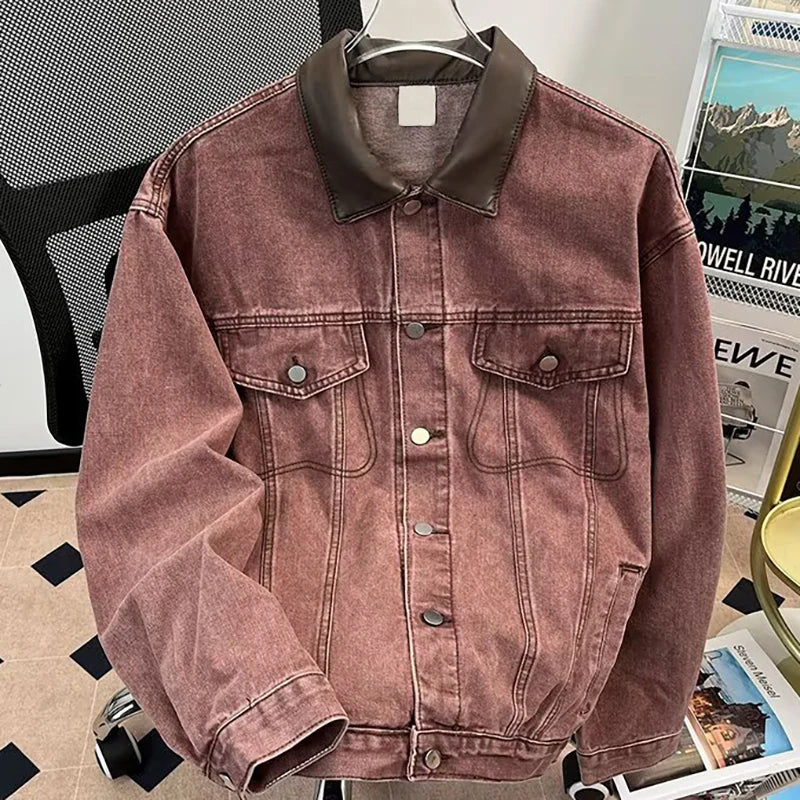 Men's Denim Jacket Color Block Turn Down Collar Retro Autumn Washed Design Denim jackets Men Loose Outerwear Cowboy Windbreaker