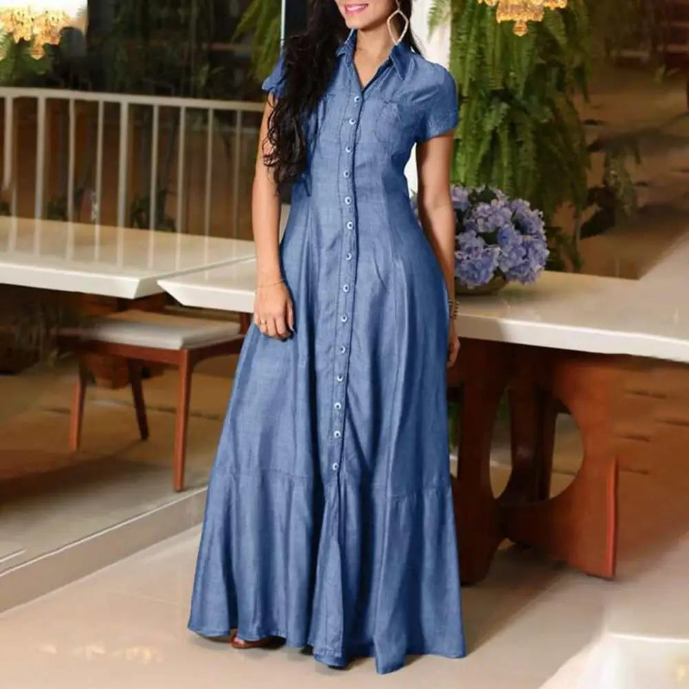 Women Denim Dress Elegant Denim Dress with Ruffle Hem Patch Pockets Women's A-line High Waist Long Dress for Casual or Formal