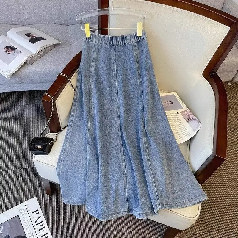 Denim Skirt For Women 2025 New High Waisted A-line Umbrella Skirt Versatile Spring Summer Elastic Waist Long Jean Skirt