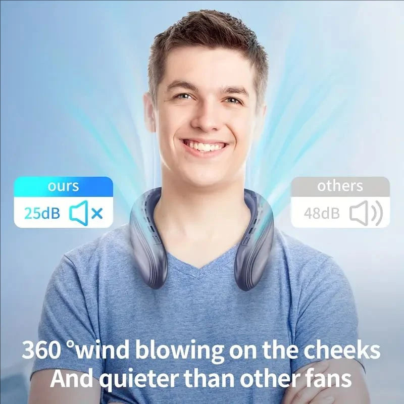 Portable USB Rechargeable Neck Fan with 360° Full-Body Cooling, 5200mAh Battery, Adjustable Airflow, Compact Design - Ideal for