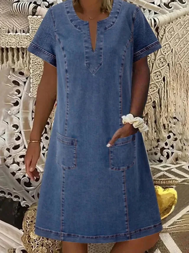Denim Dress Women Streetwear Dresses V Neck Short Sleeves Pockets A Line Vintage Distressed Washed Female 2025 Summer Vestidos