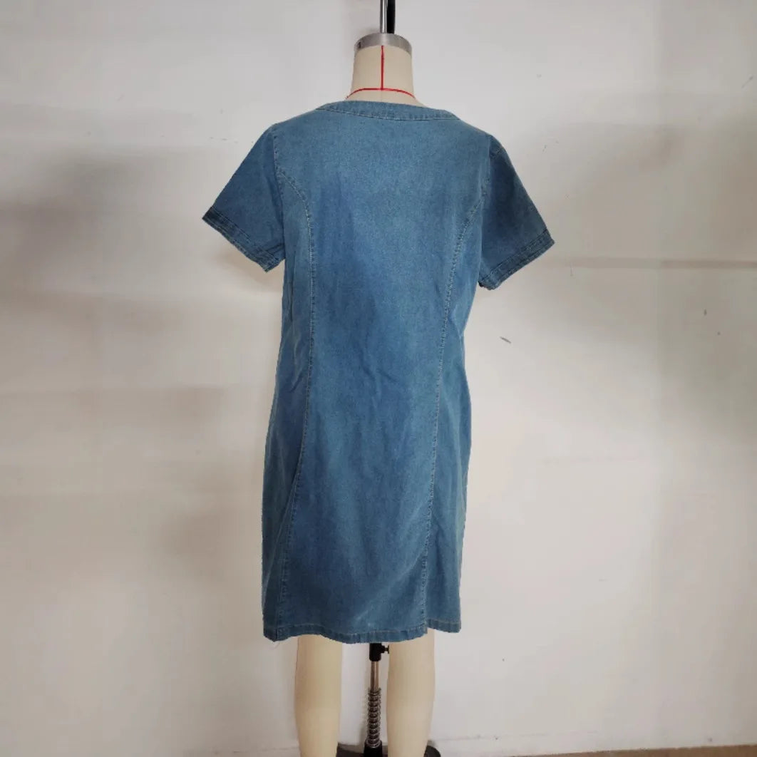 Denim Dress Women Streetwear Dresses V Neck Short Sleeves Pockets A Line Vintage Distressed Washed Female 2025 Summer Vestidos