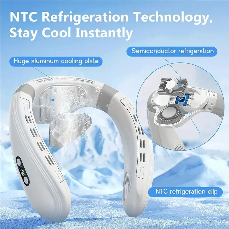 Portable USB Rechargeable Neck Fan with 360° Full-Body Cooling, 5200mAh Battery, Adjustable Airflow, Compact Design - Ideal for