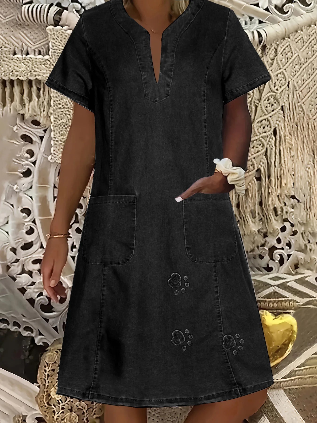 Denim Dress Women Streetwear Dresses V Neck Short Sleeves Pockets A Line Vintage Distressed Washed Female 2025 Summer Vestidos