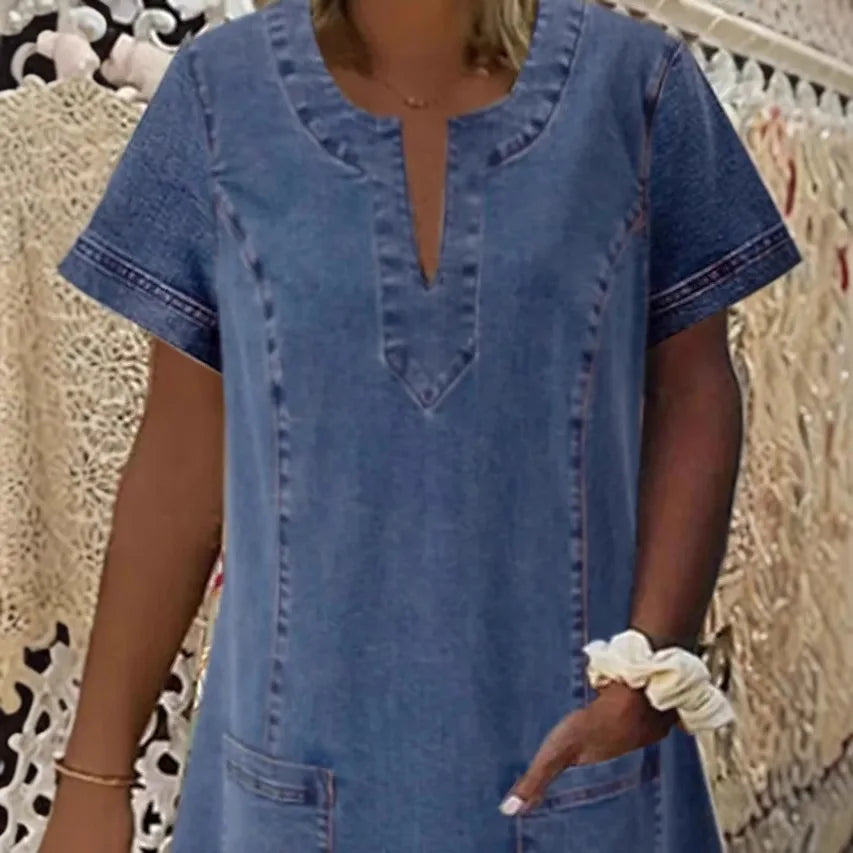 Denim Dress Women Streetwear Dresses V Neck Short Sleeves Pockets A Line Vintage Distressed Washed Female 2025 Summer Vestidos