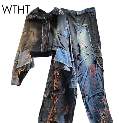 WTHT New Fashion Women's Patchwork Wash Lapel Long Sleeve Denim Jacket High Waist Straight Jeans Female 2025 Autumn 1LS2310