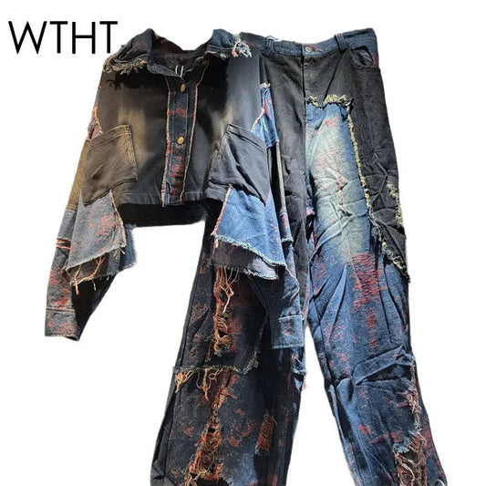 WTHT New Fashion Women's Patchwork Wash Lapel Long Sleeve Denim Jacket High Waist Straight Jeans Female 2025 Autumn 1LS2310