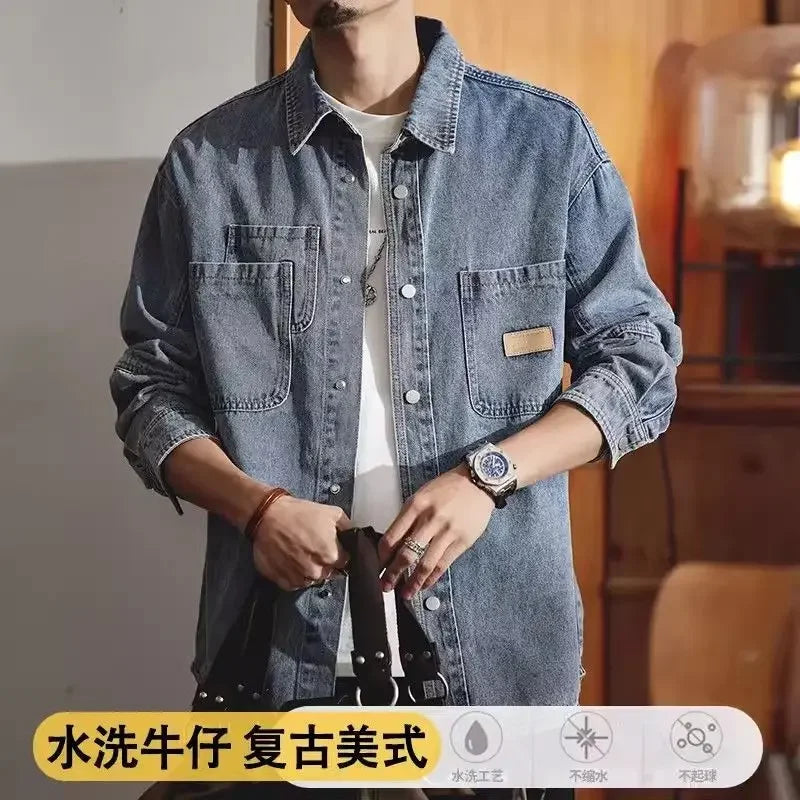 American Classic Denim Shirt Men's Long-sleeved Autumn and Winter Trendy Brand Loose Casual Tooling Jacket, Coat