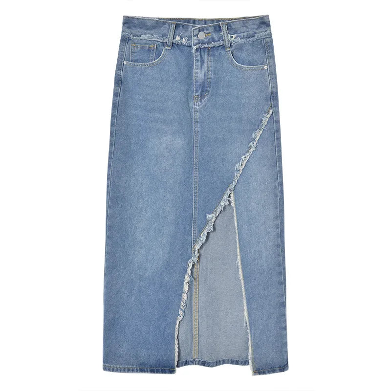 Irregular Slit Denim Long Skirt for Spring and Summer.Casual Design,A Retro,High-waisted A-line Denim Half Body Skirt for Women