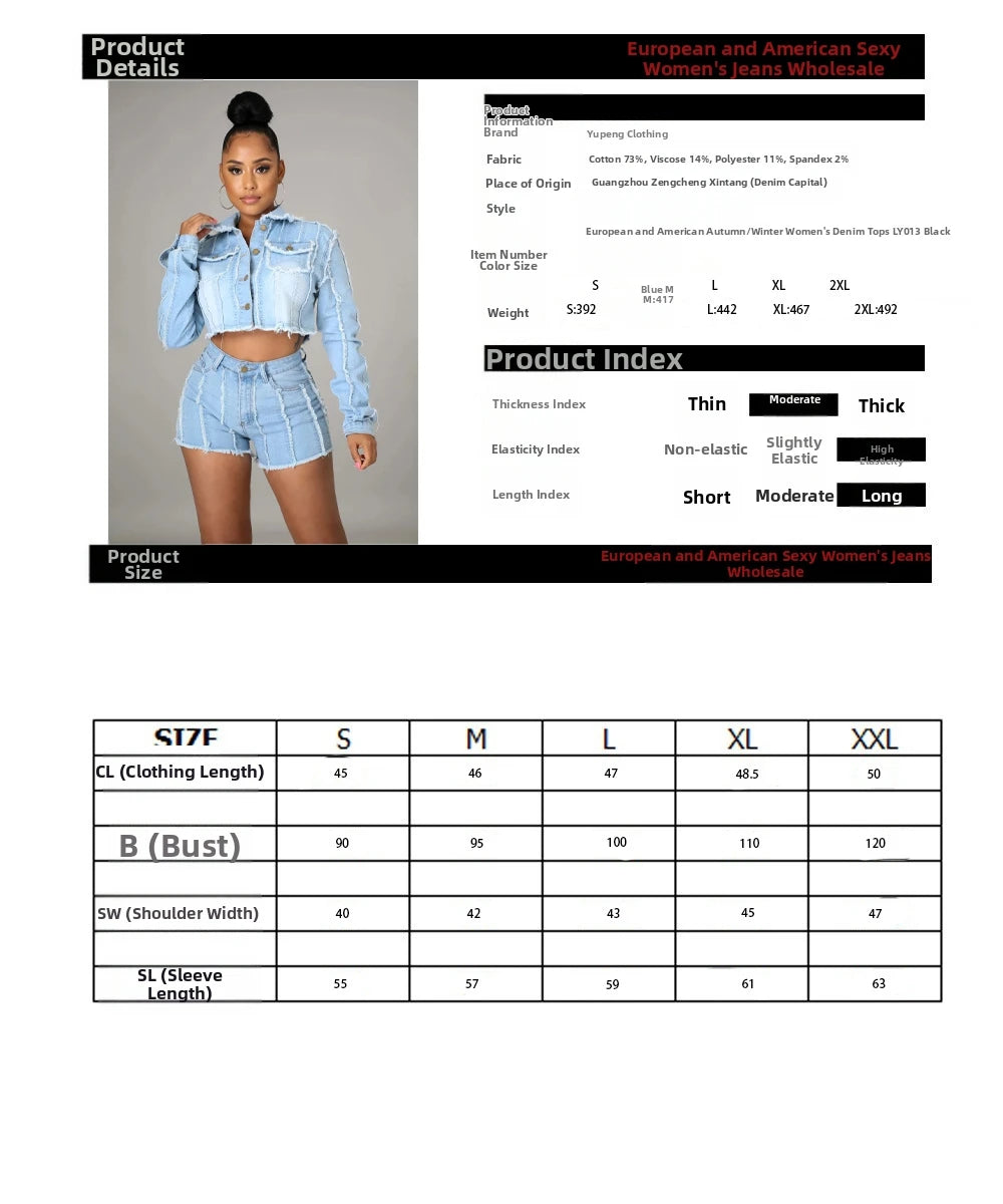 Women's Cotton Denim Jacket Long-Sleeved Lapel Slim Fit Autumn Style by New Manufacturer