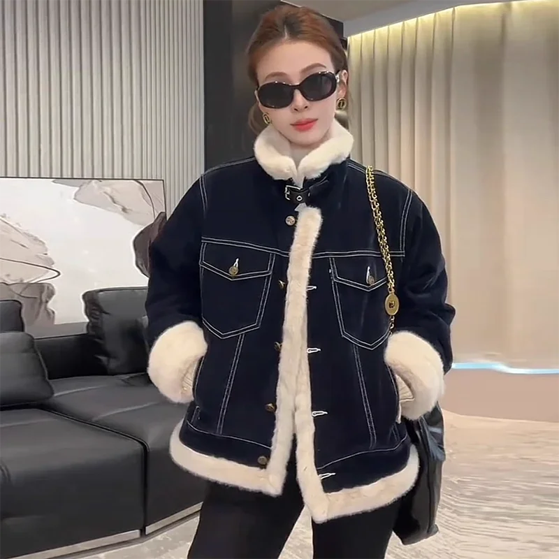 Women Thicken Warm Denim Jacket Lapel Collar Retro Parkas Winter Inner Layer with Velvet Denim Coats Patchwork Causal Outerwear
