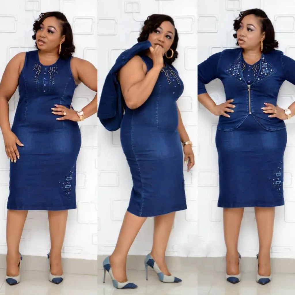 2 Piece Sets Women Denim Skirt Suit Short Coat Zipper Round Collar Jacket Slim Fit Dress Outfits Casual Suits Female Ensemble