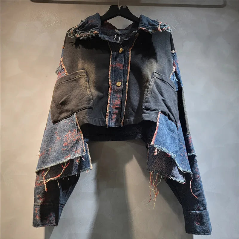 WTHT New Fashion Women's Patchwork Wash Lapel Long Sleeve Denim Jacket High Waist Straight Jeans Female 2025 Autumn 1LS2310