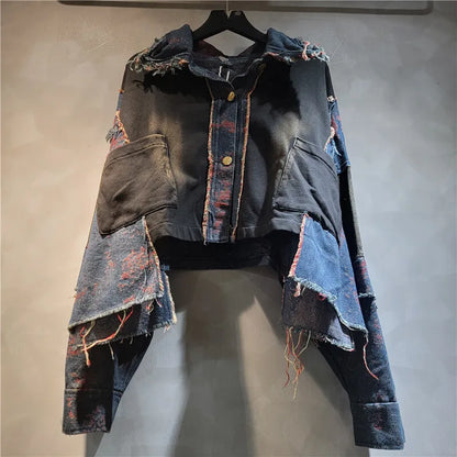WTHT New Fashion Women's Patchwork Wash Lapel Long Sleeve Denim Jacket High Waist Straight Jeans Female 2025 Autumn 1LS2310