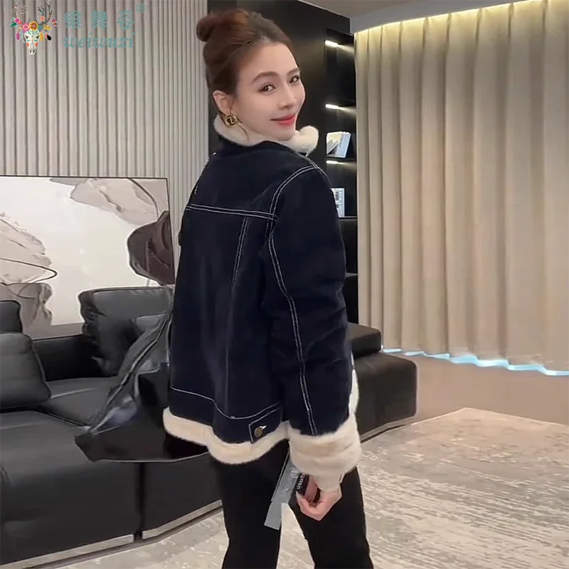 Women Thicken Warm Denim Jacket Lapel Collar Retro Parkas Winter Inner Layer with Velvet Denim Coats Patchwork Causal Outerwear