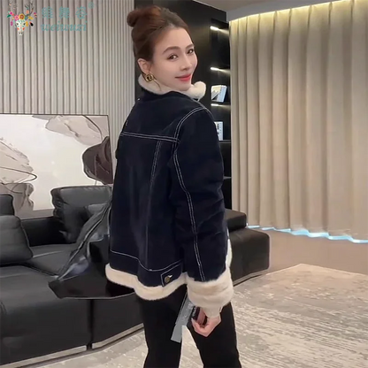 Women Thicken Warm Denim Jacket Lapel Collar Retro Parkas Winter Inner Layer with Velvet Denim Coats Patchwork Causal Outerwear