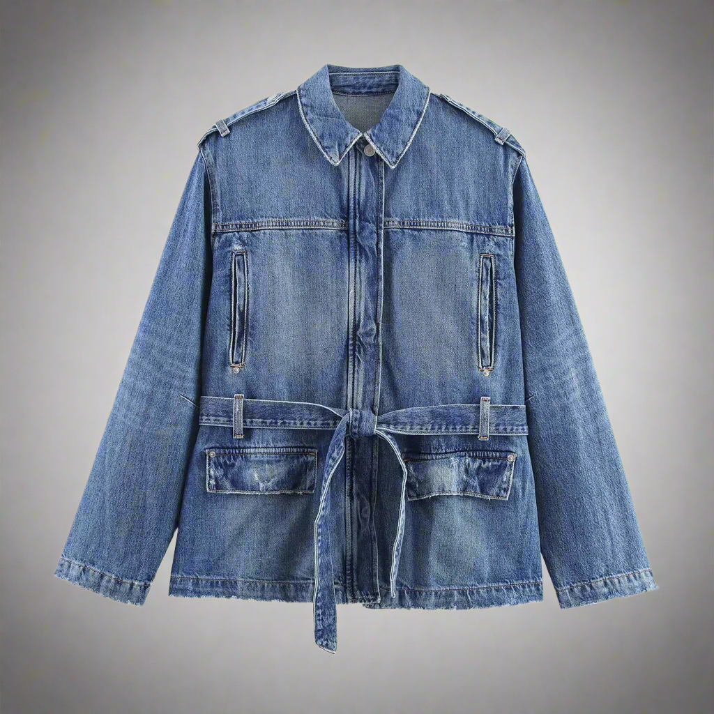 Authentic denim autumn new women's casual fashion with belt denim button down  jacket + straight trousers