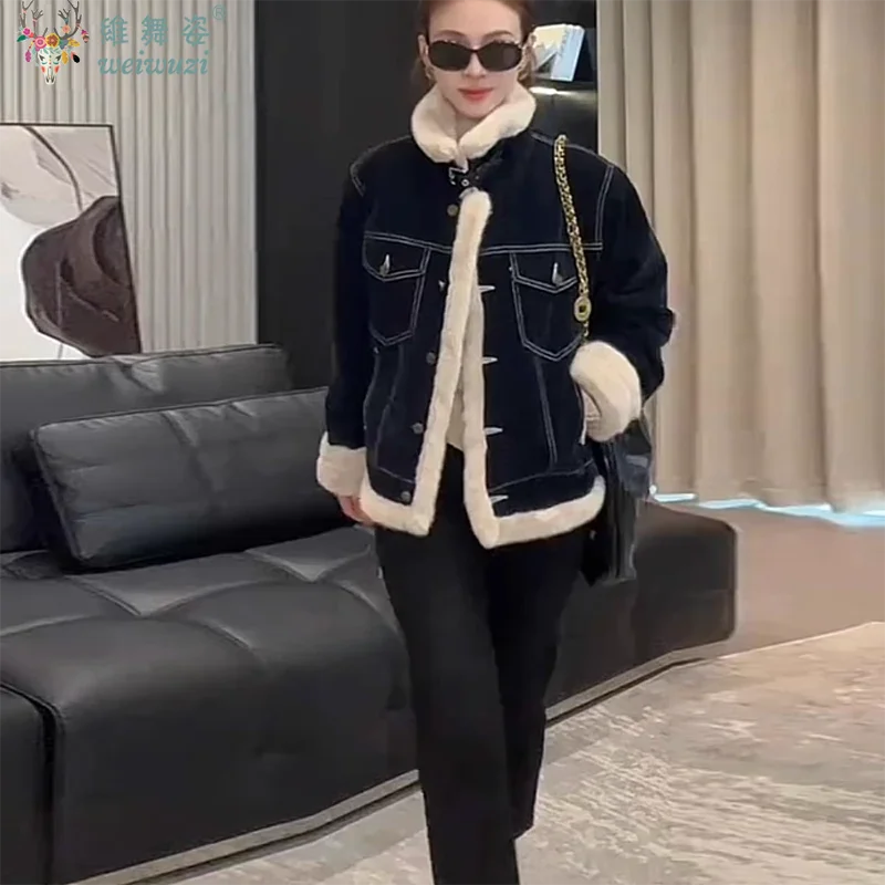 Women Thicken Warm Denim Jacket Lapel Collar Retro Parkas Winter Inner Layer with Velvet Denim Coats Patchwork Causal Outerwear