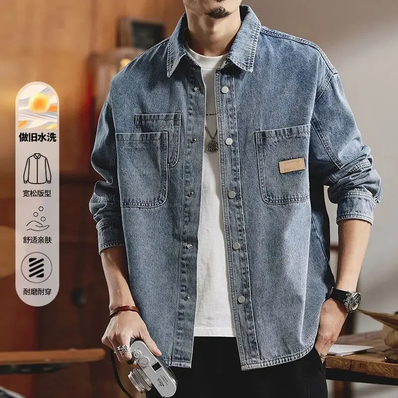 American Classic Denim Shirt Men's Long-sleeved Autumn and Winter Trendy Brand Loose Casual Tooling Jacket, Coat