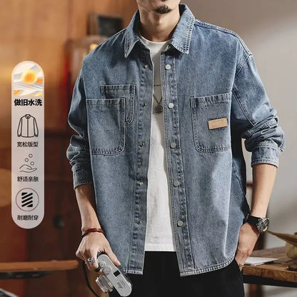 American Classic Denim Shirt Men's Long-sleeved Autumn and Winter Trendy Brand Loose Casual Tooling Jacket, Coat