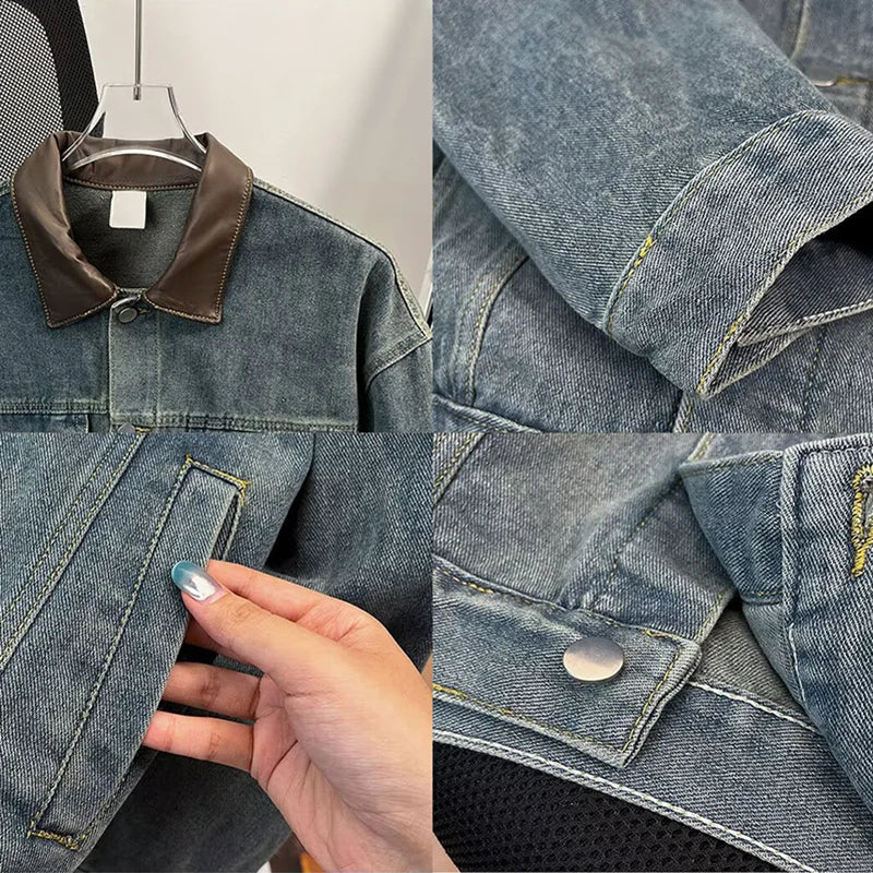 Men's Denim Jacket Color Block Turn Down Collar Retro Autumn Washed Design Denim jackets Men Loose Outerwear Cowboy Windbreaker