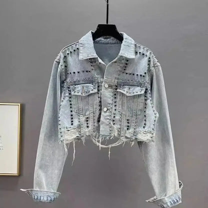 Women's Diamond Beaded Denim Jacket Heavy Industry Rivet Detail Worn Look European Station Fashion Top