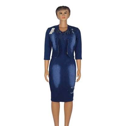 2 Piece Sets Women Denim Skirt Suit Short Coat Zipper Round Collar Jacket Slim Fit Dress Outfits Casual Suits Female Ensemble