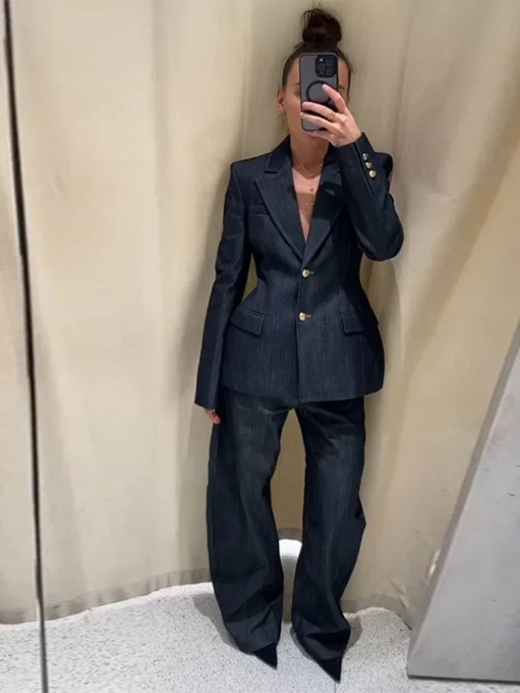 Women Denim Pants Sets 3 Pieces Fashion Slim Lapel Buttons Jacket Strapless Vests Straight Trousers Female 2025 Office Outfits