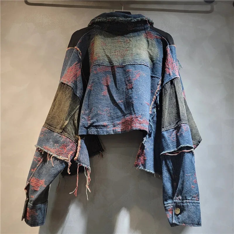 WTHT New Fashion Women's Patchwork Wash Lapel Long Sleeve Denim Jacket High Waist Straight Jeans Female 2025 Autumn 1LS2310
