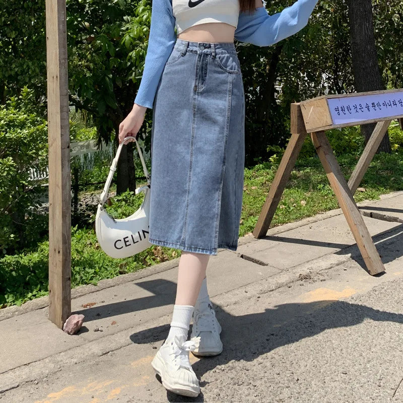 Denim Skirts Spliced Washed Ankle Length Skirt Women High Waist Solid Zipper Fly Loose Distressed Straight Pockets Basics