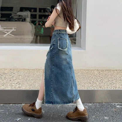 Irregular Slit Denim Long Skirt for Spring and Summer.Casual Design,A Retro,High-waisted A-line Denim Half Body Skirt for Women