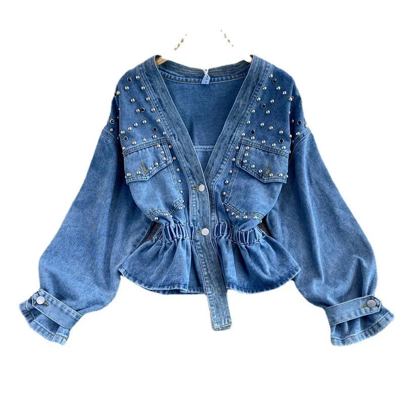 Denim jacket women's autumn new product Korean loose bf fashion versatile studded V-neck short waistband top