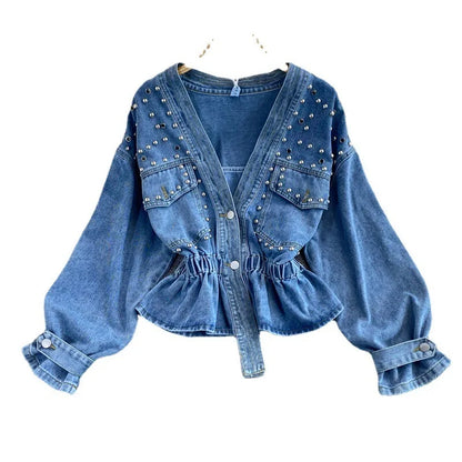 Denim jacket women's autumn new product Korean loose bf fashion versatile studded V-neck short waistband top