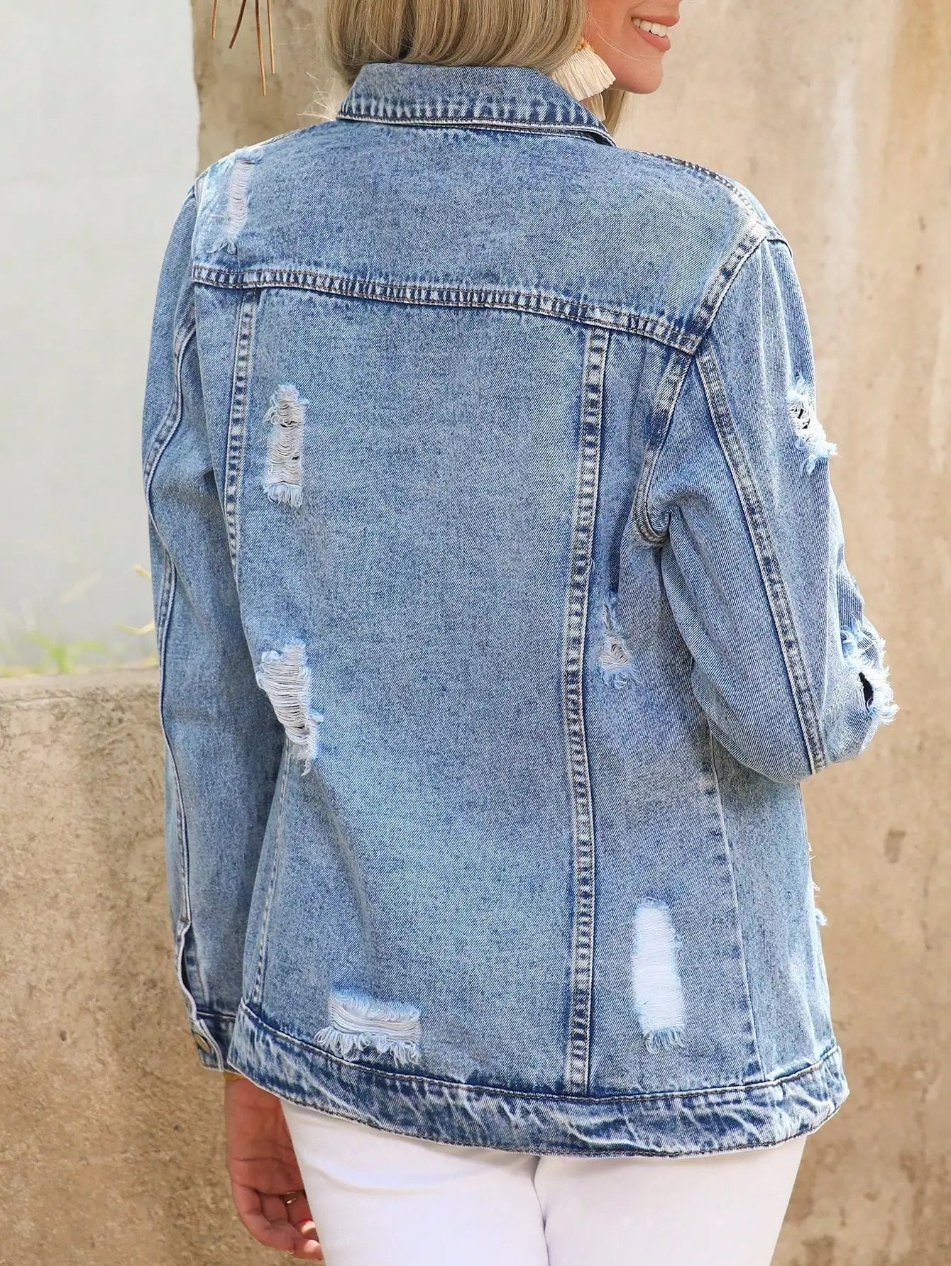 WGXWGX Women's Oversized Distressed Denim Jacket Trendy Retro Style Cotton Button-Front Ripped Detail Outerwear