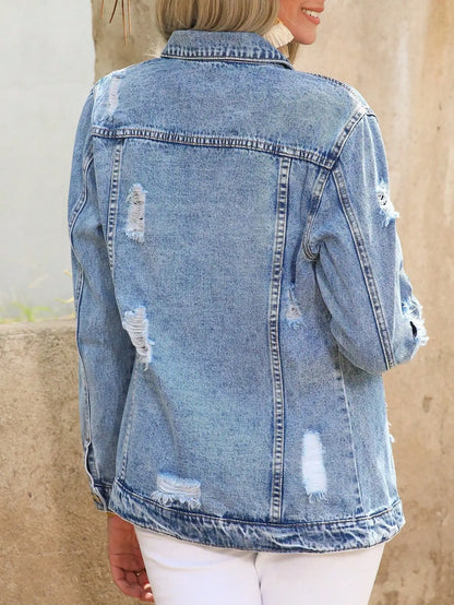 WGXWGX Women's Oversized Distressed Denim Jacket Trendy Retro Style Cotton Button-Front Ripped Detail Outerwear