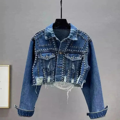 Women's Diamond Beaded Denim Jacket Heavy Industry Rivet Detail Worn Look European Station Fashion Top
