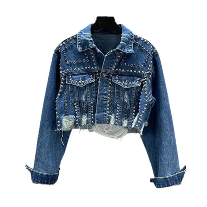 Women's Diamond Beaded Denim Jacket Heavy Industry Rivet Detail Worn Look European Station Fashion Top