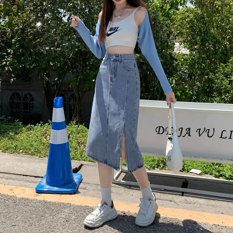 Denim Skirts Spliced Washed Ankle Length Skirt Women High Waist Solid Zipper Fly Loose Distressed Straight Pockets Basics