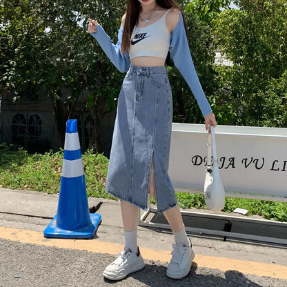 Denim Skirts Spliced Washed Ankle Length Skirt Women High Waist Solid Zipper Fly Loose Distressed Straight Pockets Basics