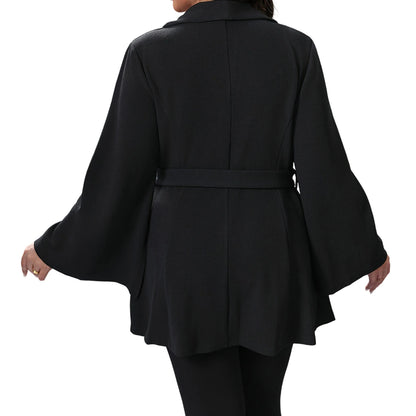 Women's Plus Size Blazer, Solid Color Long Flare Sleeve Lapel V-Neck One Button Coat Work Office Jacket Clothing