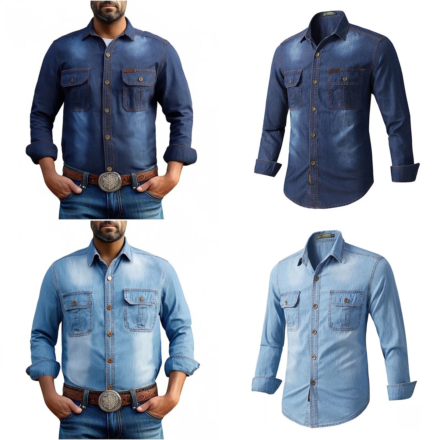 Men Denim Casual Slim Shirts Male Cotton Light Blue Multi-pocket Tooling Shirts Quality Man Large Long-sleeved Shirts Size 3XL
