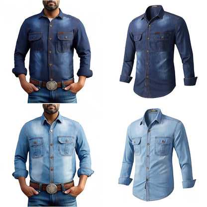 Men Denim Casual Slim Shirts Male Cotton Light Blue Multi-pocket Tooling Shirts Quality Man Large Long-sleeved Shirts Size 3XL