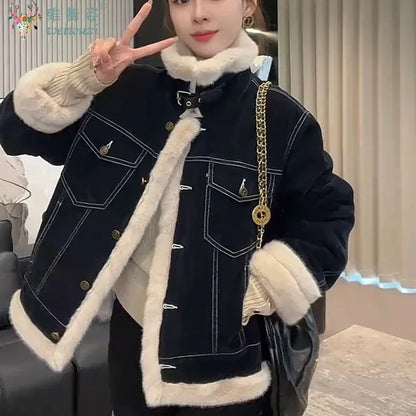 Women Thicken Warm Denim Jacket Lapel Collar Retro Parkas Winter Inner Layer with Velvet Denim Coats Patchwork Causal Outerwear