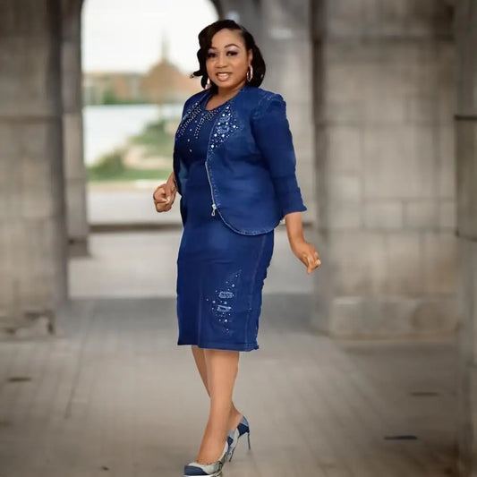 2 Piece Sets Women Denim Skirt Suit Short Coat Zipper Round Collar Jacket Slim Fit Dress Outfits Casual Suits Female Ensemble