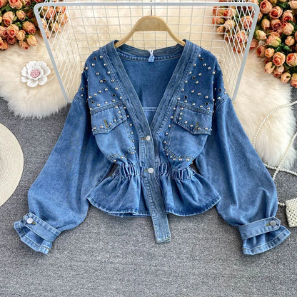 Denim jacket women's autumn new product Korean loose bf fashion versatile studded V-neck short waistband top
