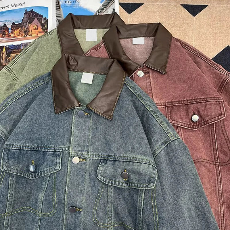 Men's Denim Jacket Color Block Turn Down Collar Retro Autumn Washed Design Denim jackets Men Loose Outerwear Cowboy Windbreaker