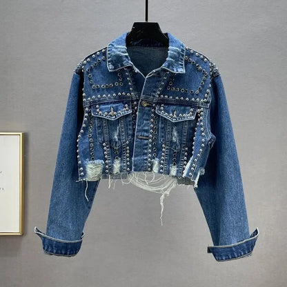 Women's Diamond Beaded Denim Jacket Heavy Industry Rivet Detail Worn Look European Station Fashion Top