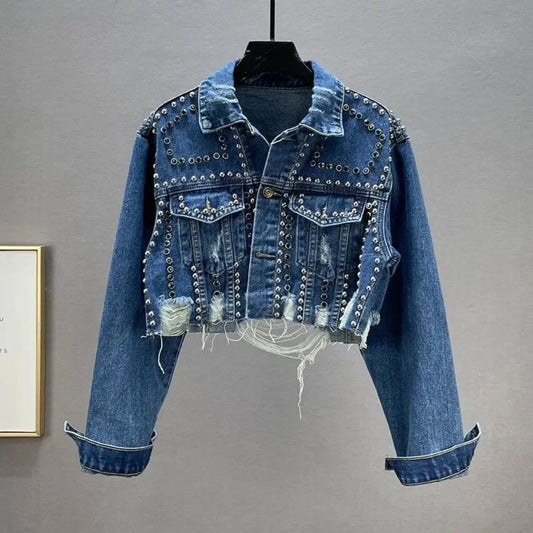Women's Diamond Beaded Denim Jacket Heavy Industry Rivet Detail Worn Look European Station Fashion Top