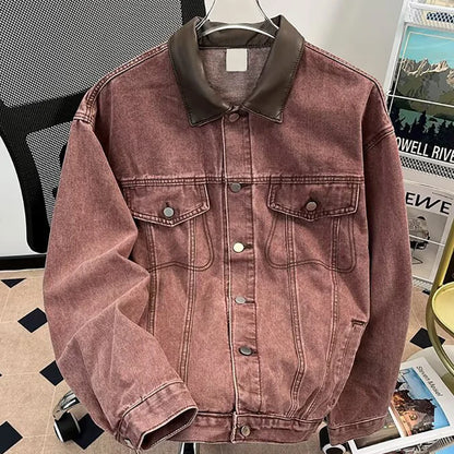 Men's Denim Jacket Color Block Turn Down Collar Retro Autumn Washed Design Denim jackets Men Loose Outerwear Cowboy Windbreaker